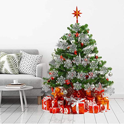 Eokeanon 36 Pack Silver Glitter Snowflake Ornaments, Plastic Christmas Glitter Snowflake Winter Wonderland Christmas Tree Decorations, 4 Inch, Silver #TOP5