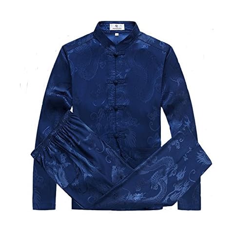 G-LIKE Chinese Clothing Tang Suit - Traditional China Ancient Costume Male Martial Arts Tangzhuang Kung Fu Long Sleeve Jacket Suits Shirt Outfit Uniform Cloth (Navy, M) Cover