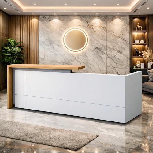 Image of Modern White Reception Desk for Office, Salon, Clinic | Luxury Front Reception Counter Table with Storage | Particle Board & Particle Board Reception Table - (RCT-034 LPB L8W2)