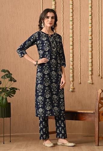 Image of Amazon Brand - Tavasya Women Cotton Anarkali Kurta Pant Dupatta Set | Printed Ethnic Suit Set | Flared Anarkali Kurta with Pant & Dupatta | Festive & Casual Wear