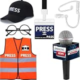 CINKCO News Reporter Costume Set (6 IN 1) Reporter's Cap+Microphone Prop+Press Pass Vest +Work Permit ect Halloween Dress Up Career Day Party for 3~14 Years Old