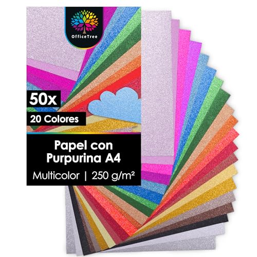 OfficeTree 50x Cartulina Purpurina A4 250g/m² - 20 Colores - Papel Brillante Bricolaje y Scrapbooking - No Autoadhesivo - Cartulina con Purpurina - Cartulinas Colores Manualidades - Coloured Card
