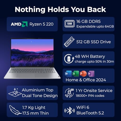 Image of Lenovo ThinkBook 16, AMD Ryzen 5 220, 16GB RAM, 512GB SSD, WUXGA IPS 16 inch (40.64cm), Windows 11 Home, Arctic Grey, 1.7Kg, 21UTA01JIG, Fingerprint, Backlit, 400 Nits, 1Y Warranty, Laptop