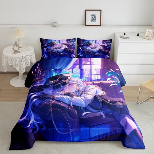 Image of Erosebridal Japanese Anime Comforter Set,Cartoon Uniform Girls Bedding for Boys Teen Bedroom Decoration Cute Japanese Cartoon King Size Duvet Set, Anime Aesthetic Art Quilt with 2 Pillowcases