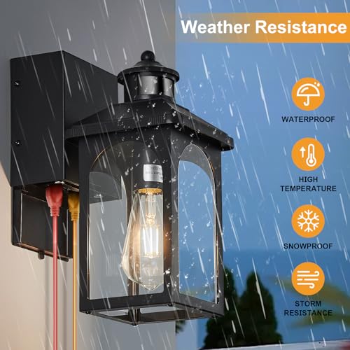 YJXGDIL Porch Light with GFCI Outlet: Motion Sensor Porch Lights Outdoor with Remote Control Dusk to Dawn Exterior Lighting Fixtures Black Modern Outdoor Wall Lights for House Garage Patio Front Door