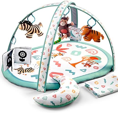 Kompoll Baby Play Gym 7 in 1 Baby Activity Gym Mat 0-12 Months with 2 Washable Covers with 6 Toys Non-Slip Playmat Baby Tummy Time Mat for Early Sensory Exploration and Motor Skill Development (White)