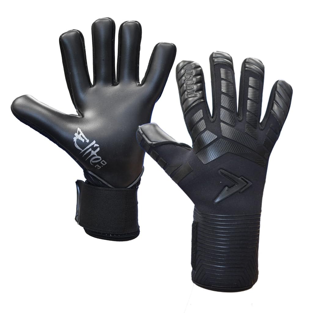 Precision Elite 3.0 Blackout Contact Goalkeeper Gloves, 4 mm Black Contact Latex Grip, Super Lite Negative Cut, Strapless or Strapped Fit, 6