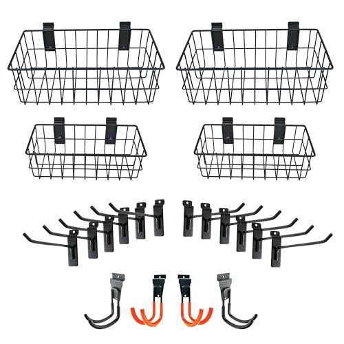 Raaz365 Heavy Duty 5mm 3mm Slatwall Baskets and Slatwall Accessories Set - 4 Pack - Ventilated Metal Slat Wall Baskets and Hooks - Mounted Slat Wall Accessories for Garage Slatwall Panels