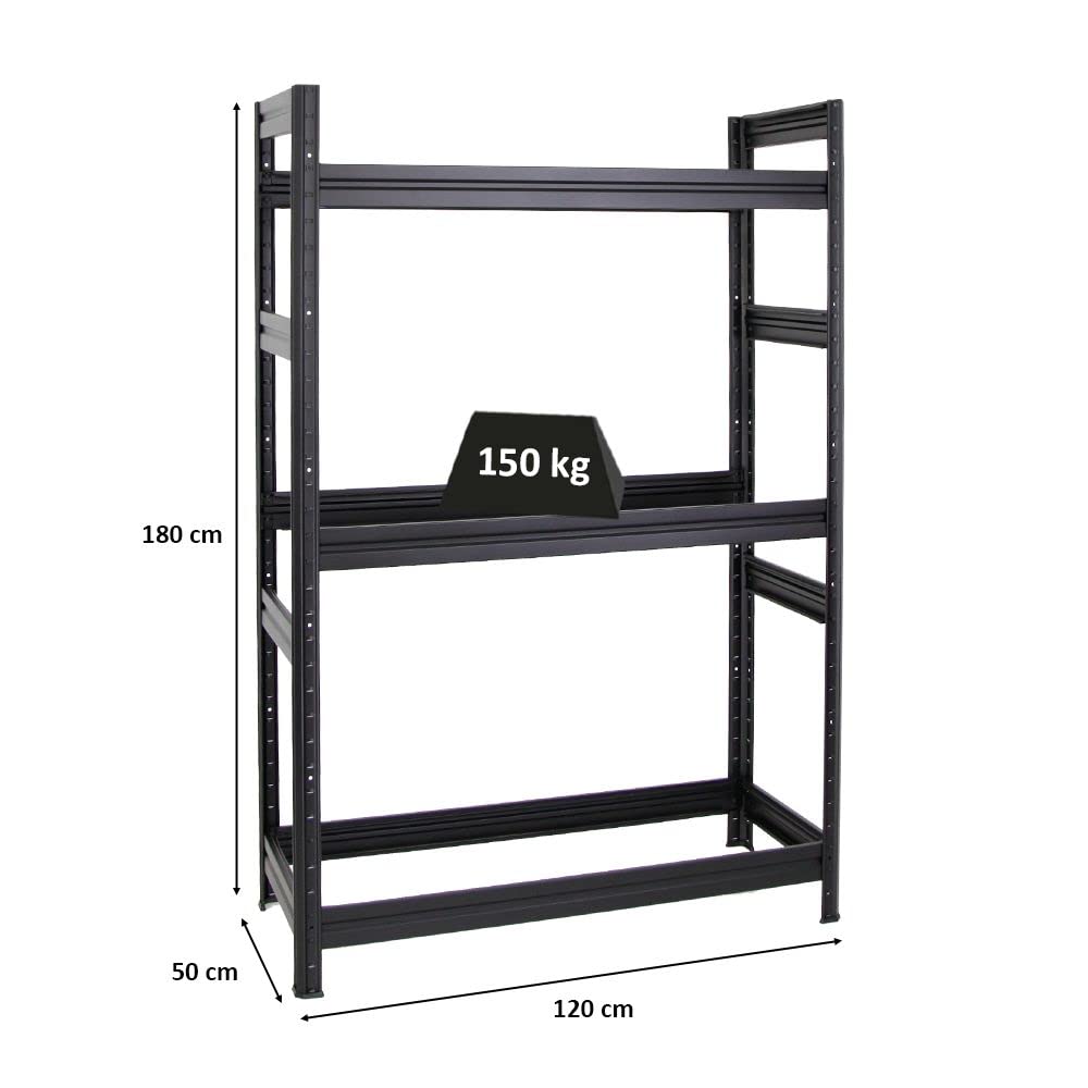 PROREGAL Scaffale porta pneumatici DINO | AxLxP 180x120x50cm | 150kg portata per ripiano | Fino a 12 Pneumatici su 3 Ripiani | Nero