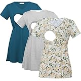 Bearsland Womens 3 Packs V Neck Nursing Tops Maternity Breastfeeding Tee Shirts,Vivid Blue+Gray+Green White Floral,XL
