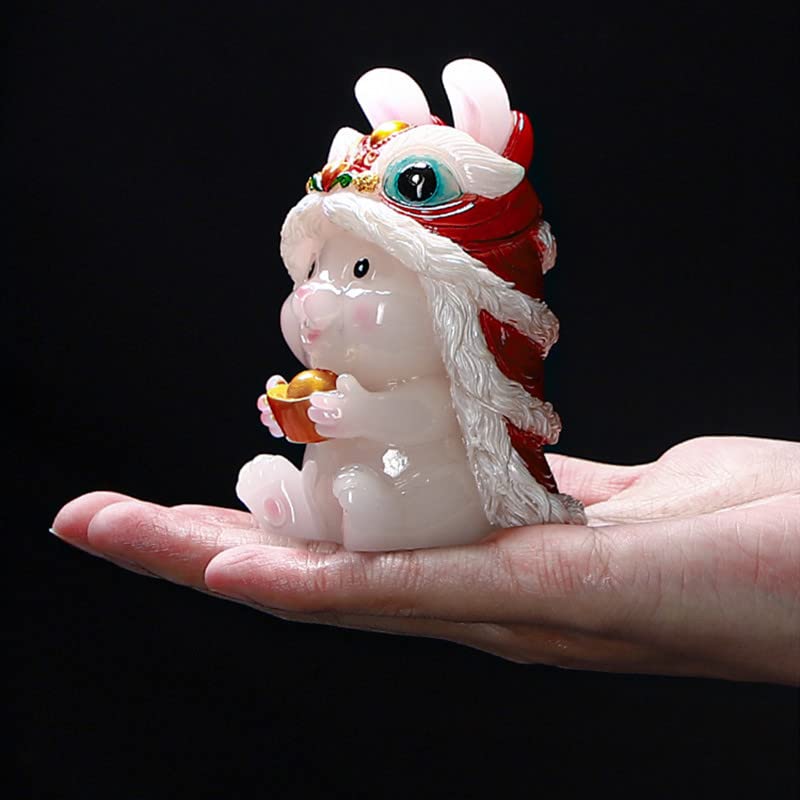 Hormsdar Color Changing Tea Pet Rabbit Cute Resin Lion Dance Bunny Statue Kung Fu Tea Tray Decor Tea Lover's Gift Home Office Desk Feng Shui Ornament (White)
