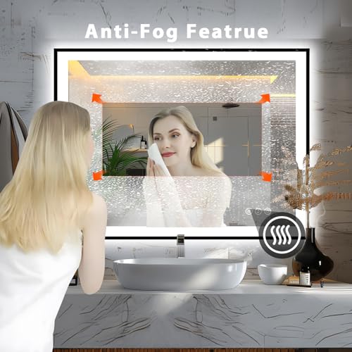 Megatex 48x40 LED Bathroom Mirror for Wall, Black (Metal, Aluminum) Framed, Front Light and Backlit, 3 Colors and Dimmable Vanity Mirror, Anti-Fog, Shatter-Proof, Memory (Horizontal/Vertical) by Megatex - Image 7