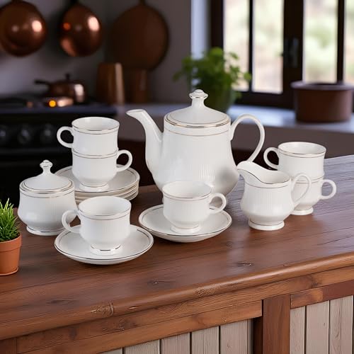 Image of Bone China Tea Set Gold Line in Royal Look(Set of 15 Pieces:6 Cups::6 Saucers::1 Milk Pot::1 Kettle& 1 Sugar Pot)
