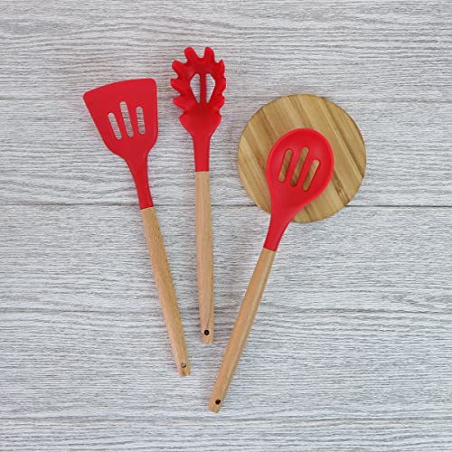 Jogo Utensílios de Cozinha em Silicone Madeira 12 Peças (Vermelho)