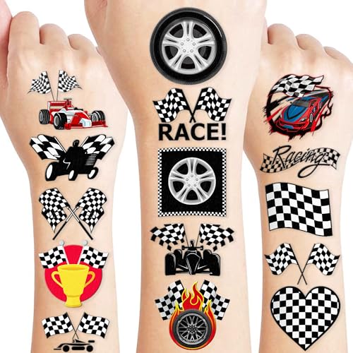 96 PCS Funny Race Car Checkered Flags Pre-Cut Temporary Tattoos for Kids Themed Birthday Party Supplies Decorations Decor Favors Black and White Racing Tattoo Stickers Gifts for Games Boys Girls