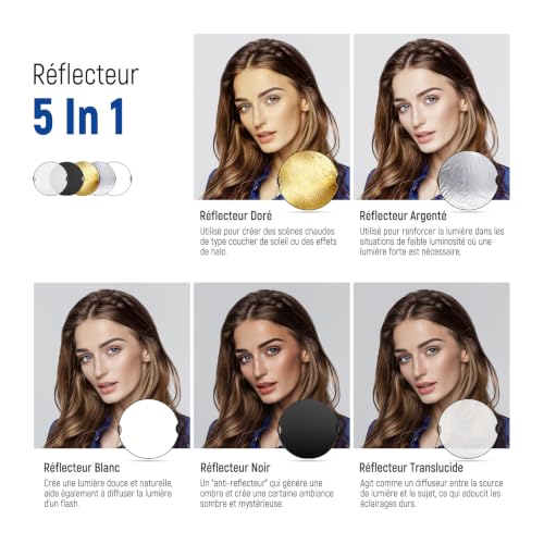 Image of NEEWER 80cm Light Reflector with Handle & 3 /8 inch Thread, 5 in 1 | Foldable Round Light Diffuser, Translucent /Silver /Gold /White /Black for Studio or Outdoor Photo Lighting, RF-80II