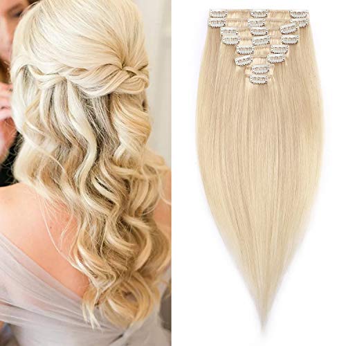 S-noilite Clip in Human Hair Extensions Blonde 100% Real Human Hair 14Inch 60g 8pcs 18 Clips Clip on Remy Hair Extensions For Women Gifts #613 Bleach Blonde