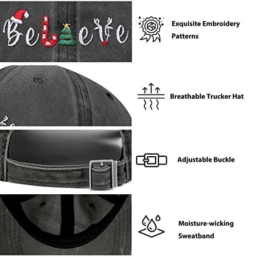 Christmas Hat Unisex Adult Vintage Believe Baseball Cap Embroidered Denim Dad Hat Black #TOP5