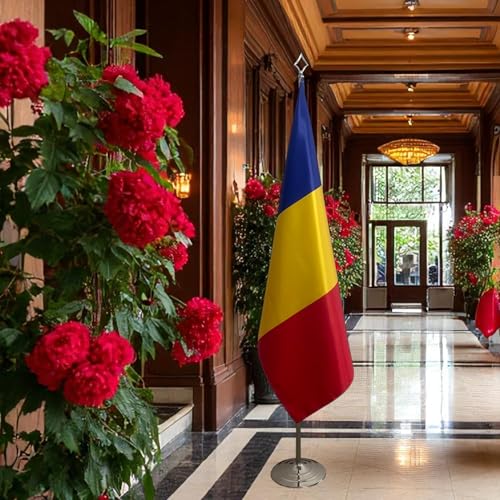 Drapeau Roumanie avec mât et pied pour administration et université
