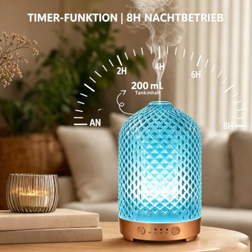 Aroma Diffuser aus Glas 200ML Ultraschall Aromatherapie Diffusor für ätherische Öle, 7 Farben-Beleuchtung, Automatische Abschaltung, Luftbefeuchter Elektrisch Duftlampe für Schlafzimmer Büro Spa – Bild 5
