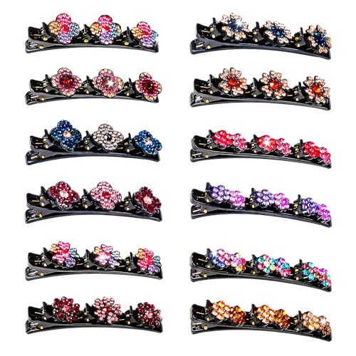 12PCS Pinzas para el cabello trenzadas con piedras de cristal brillantes para mujeres y niñas, pinzas para el cabello con diamantes de imitación, pinzas tipo pico de pato para cabello grueso y fino, accesorios para peinados miniatura 1