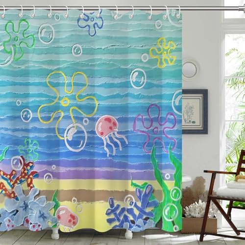 TSLOVER Cute Beach Ocean Shower Curtain Sea Ocean Anime Bathroom Curtain Funny Cute Waterproof Fabric Shower Curtains for Bathroom 72x72 Inches