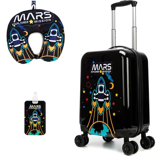 Image of Kids Luggage Set Carry On Rolling Suitcase with U shaped Pillow Toddler Suitcase for Boys Travel Set Rocket Hardside Luggage with Spinner Wheels Airline Approved