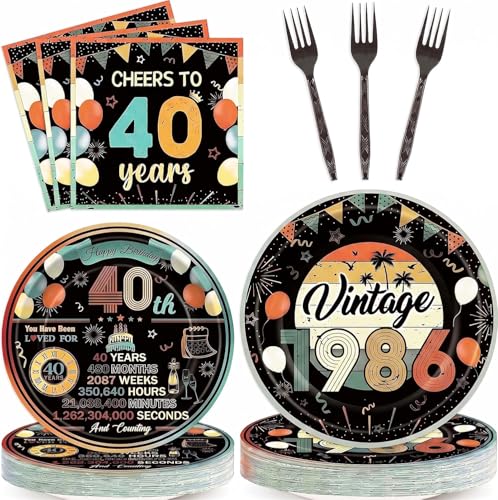 96Pcs Vintage 40th Birthday Party Decorations for Cheers to 40 Years Disposable Tableware Sets Back in 1986 Paper Plates Napkins for 24 Guests Men Women 40 Year Old Birthday Theme Table Party Supplies