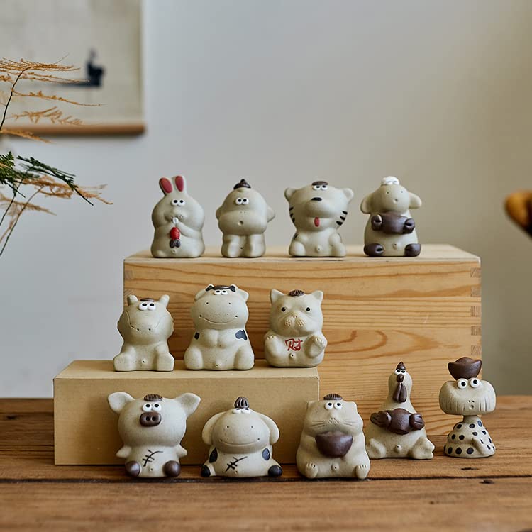 Chinese Zodiac Purple Clay Tea Pet Spray Water Cute Funny Tea Accessories Lazy Kung Fu Tea Sets For Tea Lovers Home Car Shelves Decor (Set(12in1))