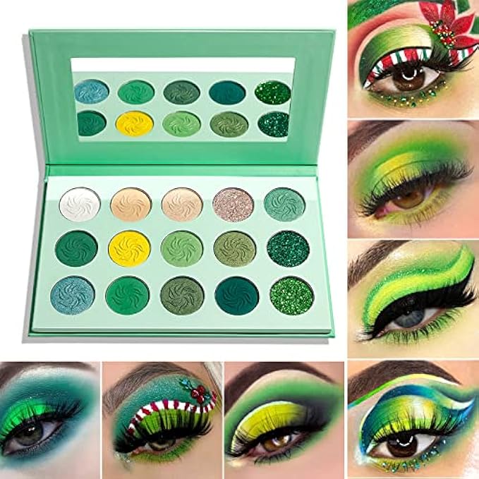 15 Colors Green Colorful Eyeshadow Palette Highly Pigmented Powder Yellow Matte Eyeshadow Makeup Pallete Blendable Long Lasting Professional Shimmer Glitter Eye Shadow Pallet for Women