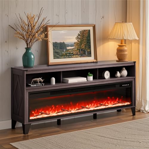 Image of VEVOR 80 inch Fireplace TV Stand, Media Storage Corner with 60 inch Fireplace, Storage Drawers & Cabinets, Industrial Style TV Console Table with 20 Flames, Remote Control & Timer for Living Room, Black