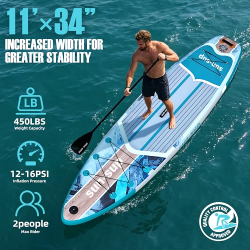 Image of Inflatable Stand Up Paddle Board Extra Wide SUP Board with Removable Fin with Premium SUP Paddle Board Accessories, Wide Stable Design, Non-Slip Comfort Deck for Youth & Adults