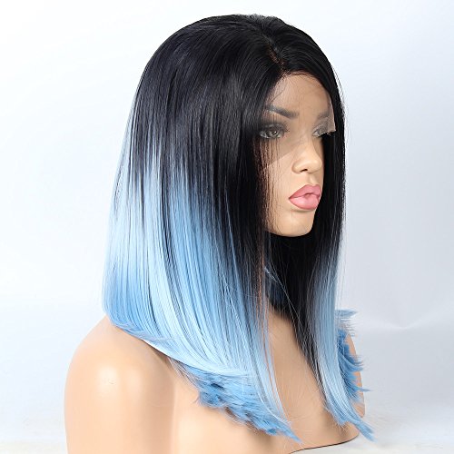 vvBing Ombre Blue Glueless Short Bob Lace Front Wigs 2 Tones Ombre Dark Roots 5inch to Blue Heat Resistant Synthetic Hair Replacement Wig For Women Half Hand Tied 14inch