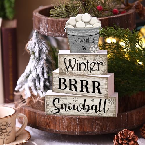 Image of Moucuny 4 Pcs Winter Table Decorations Winter Tiered Tray Decor Christmas Table Centerpiece Rustic Decorative Snowball Snow Bucket Block Sign Farmhouse Christmas Decorations for Home Kitchen Shelf