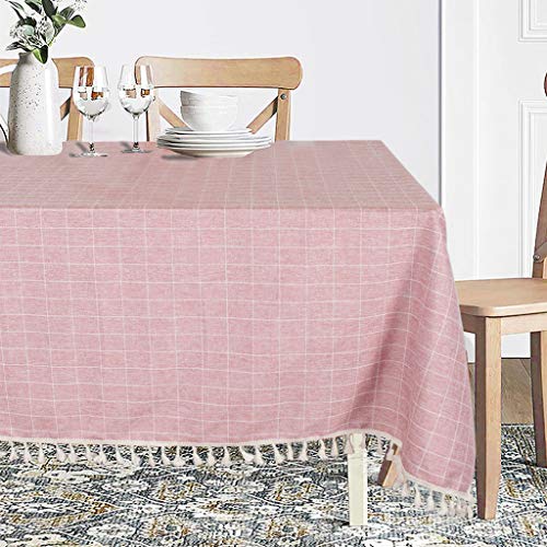Tassel Tablecloth 55\"x55\" Square Tablecloth Blush Embroidery Checkered Tassel Tablecloth Cotton Linen Wrinkle Free Table Cloth for Kitchen Table Cover for Indoor and Outdoor Decor (55\"x55\", Blush)