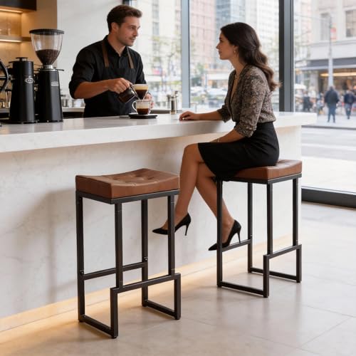 Image of FIRAVOE Bar Stools Set of 2, 28 inch Faux Leather Backless Bar Height Stools