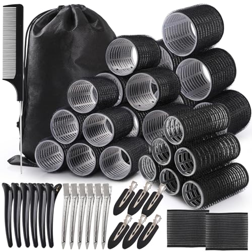 WD&CD 45 Pièces Bigoudis, 24 Pièces de 4 Tailles Différentes (55/45/36/25 mm) et 18 Pinces, Grands Bigoudis Auto-Adhésifs pour Cheveux Longs, Mi-Longs et...