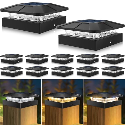 Peasur 4x4 Solar Post Cap Lights Outdoor 12 Packs, 3 Lighting Modes LED Post Light Solar Powered Waterproof, Fence Deck Lights for Wood/Vinyl Posts