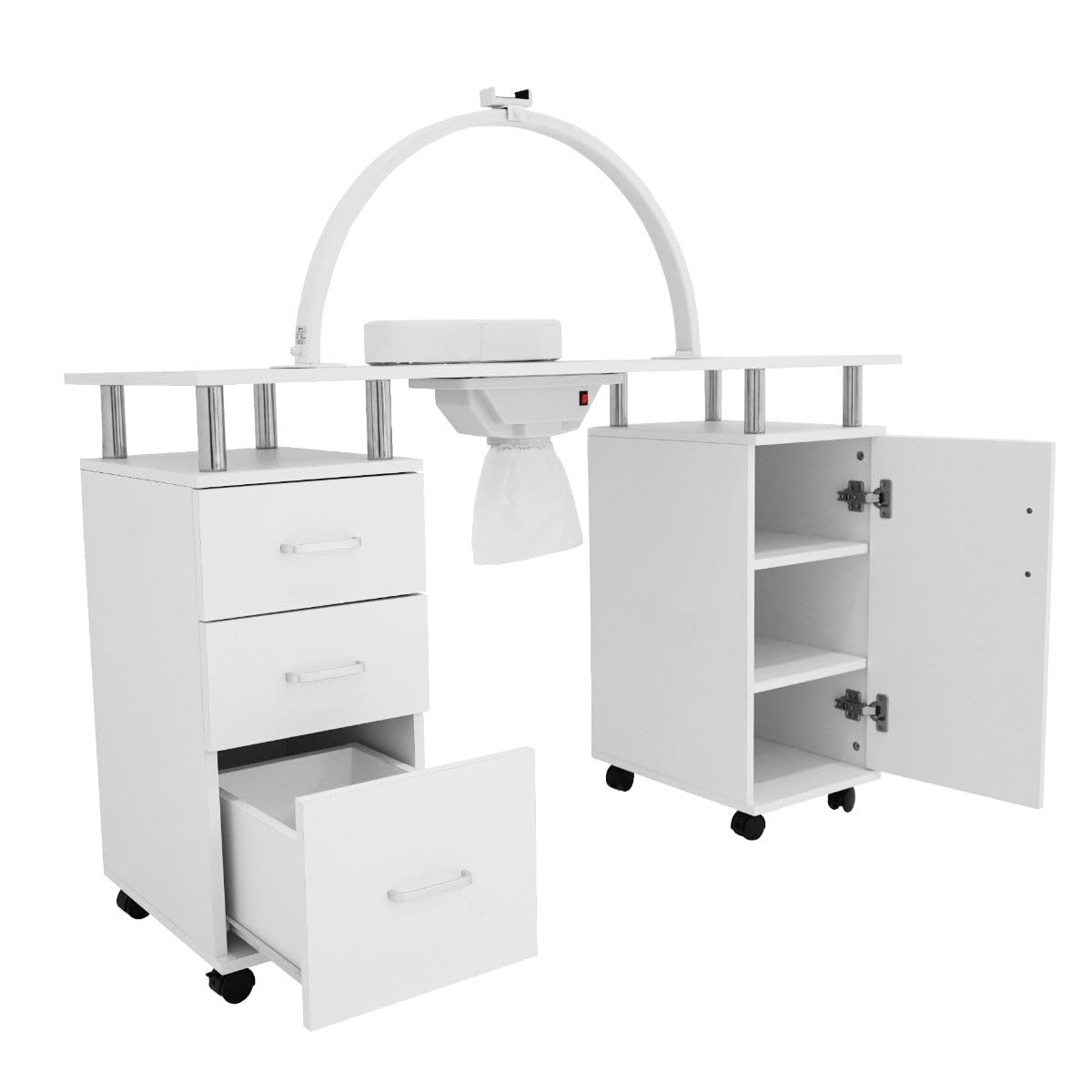 Mesa Manicura Profesional c/Colector de Polvo y Ruedas + Lámpara de Mesa Media luna LED 50 W | Regulable 3000-6000K | Soporte teléfono | Almohadillas para fijar | Pestañas, Uñas, Tatuajes, Estética