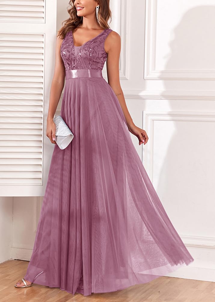 ORANDESIGNE Vestito da Sera Elegante Donna Lungo Vestiti Paillettes in Tulle Chiffon Abito Damigella d'Onore Vita Alta Formale Maxi Abiti da Cerimonia Linea ad A Stile Impero