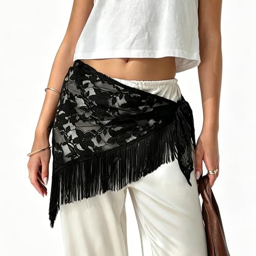 Women Lace Fringe Scarf Belt Sheer Mesh Waist Hip Scarfs Beach Cover Up Skirt Wraps (Black One Size)