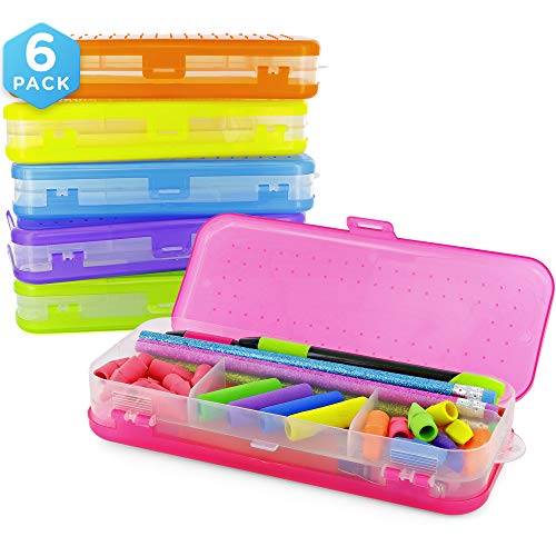 Emraw Double Deck Organizer Box - Bright Color School Pencils Box Stationery Box Pen Holder Box Organizer, School Supplies Pencil Box for Students Pencil Case Pencil Box (6-Pack)