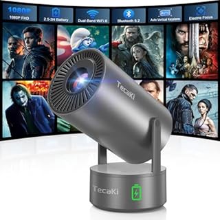 Tecaki Portable Outdoor Projector with Battery, 1080P Mini Projector with WiFi and Bluetooth, Auto Keystone, Electric Focus, 180° Rotation Movie Projector Compatible with TV Stick, HDMI, USB, Phone