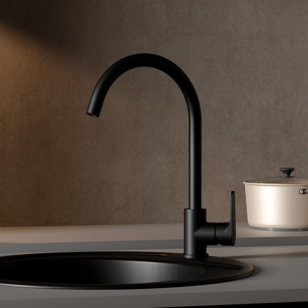 Clever Rocket Cocina 62084 – Grifo Monomando de Cocina en Negro Mate | Caño Giratorio | Apertura en Frío | Cartucho Cerámico 35 mm | Incluye Flexos 3/8” | Diseño Moderno y Resistente