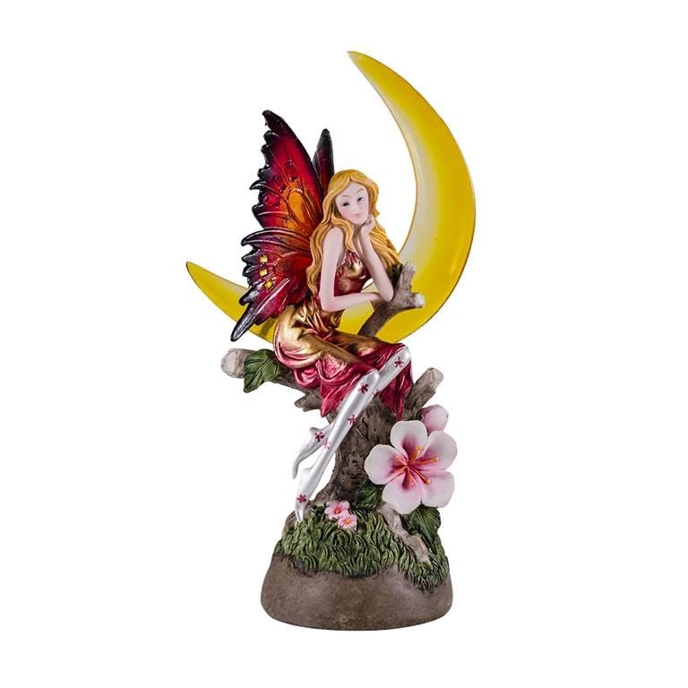 Figurine Fée avec Fleurs sur une Lune en résine peinte à la main 22 cm