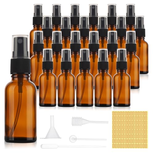 24 pack 1oz Spray Bottle Amber Glass Travel Atomizer for Perfume Essential Oils TSA Approved Refillable Small Sprayer with Labels and Dispensing Tools