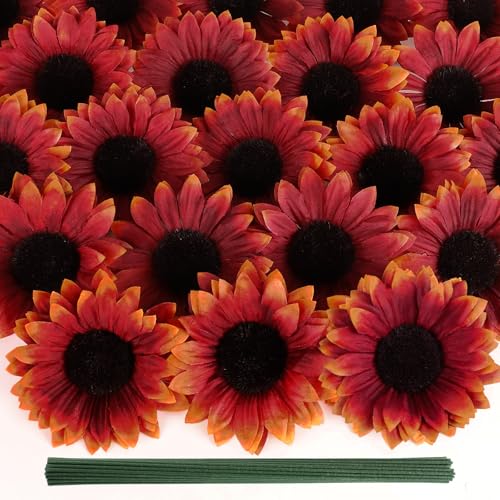 Coferset 40pcs Fake Sunflower Heads with Stems, Red Orange