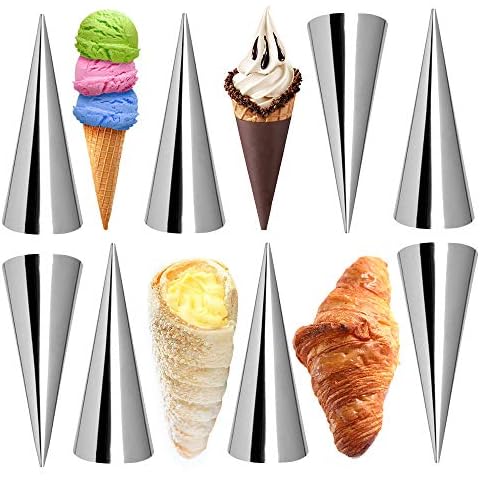 Kslong Cream Horn Molds 12pcs Large Size 4.7 inch Baking Cones Stainless Steel Roll Horn Forms Conical Danish Pastry Croissant Cones Moulds Cover