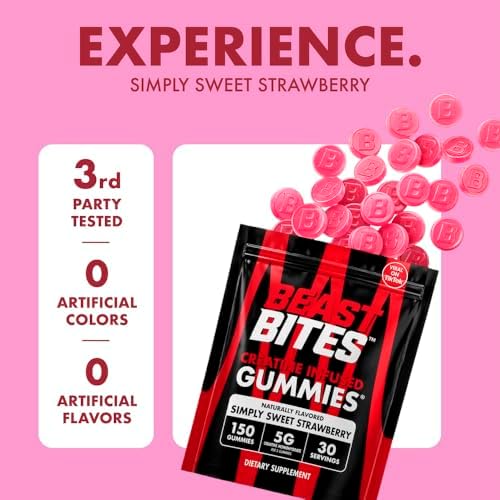 BEAST BITES Creatine Infused Gummies® - 5g Creatine Monohydrate Per Serving - NSF Certified for Sport, Clean Label Project Certified (150 Gummies, Simply Sweet Strawberry) - 3