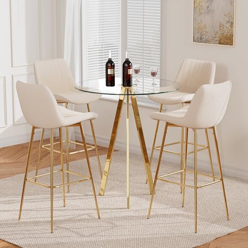 Image of 5-Piece Bar Table Set with 4 Bar Stools, 31.5 inch Round Pub Table and 30 inch Velvet Bar Stools with Glod Metal Legs, for Small Spaces, Apartments, and Bistros (Beige)